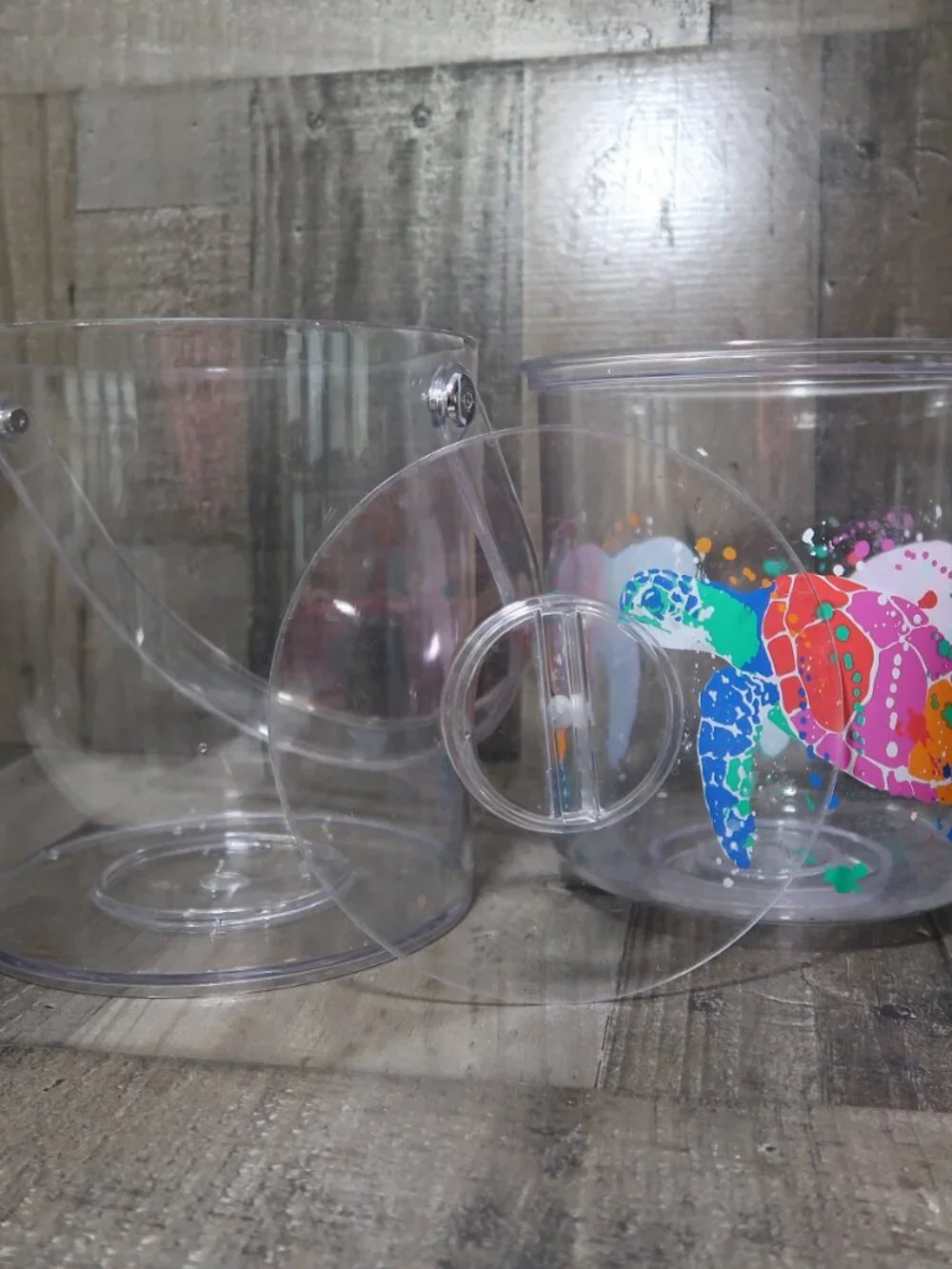 Vintage Lucite Tropical Sea Turtle Ice Bucket with Handle Clear Lid Acrylic
